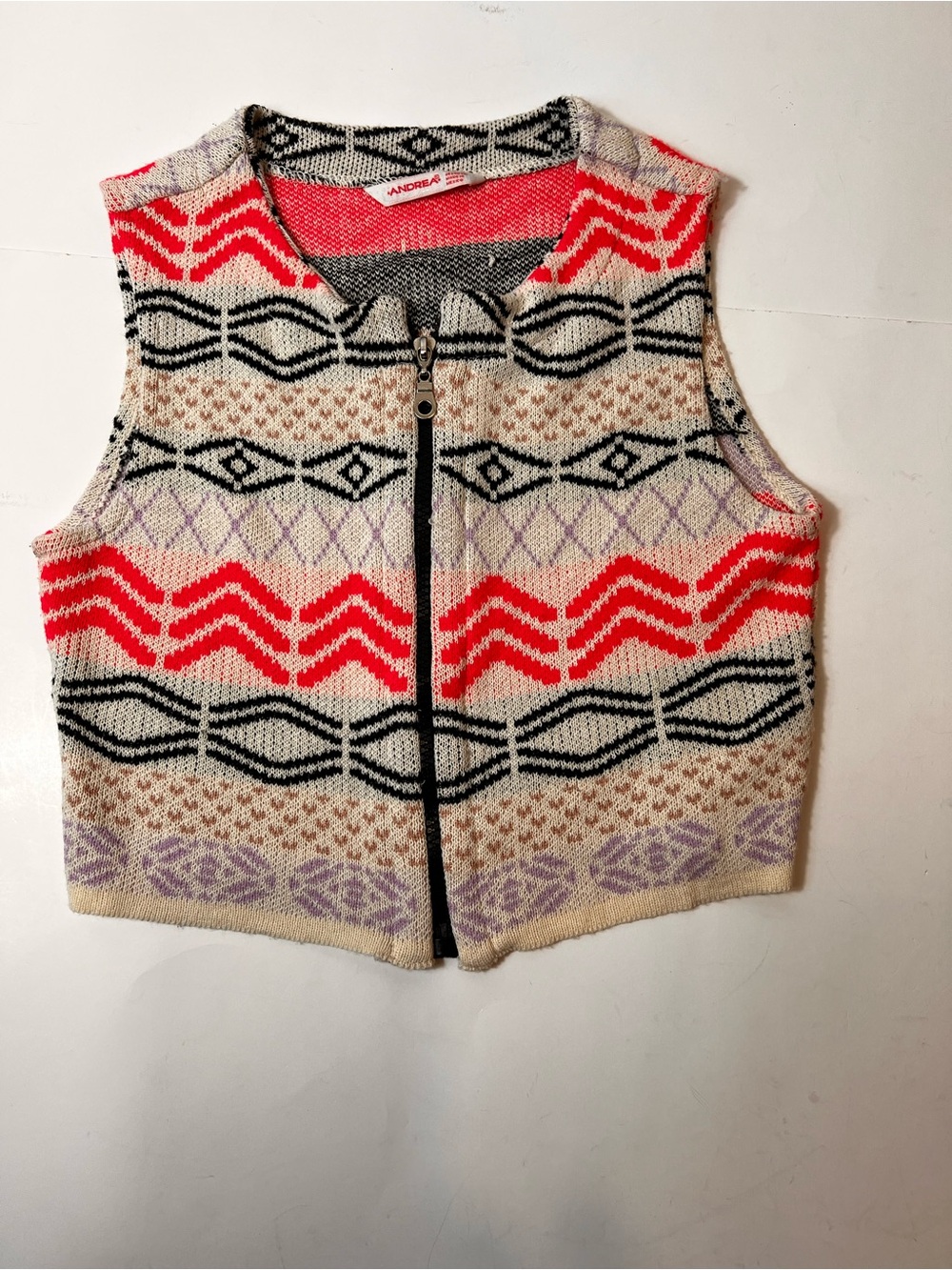 Handmade-Inspired Cream Patterned Zip Front Sweater Vest